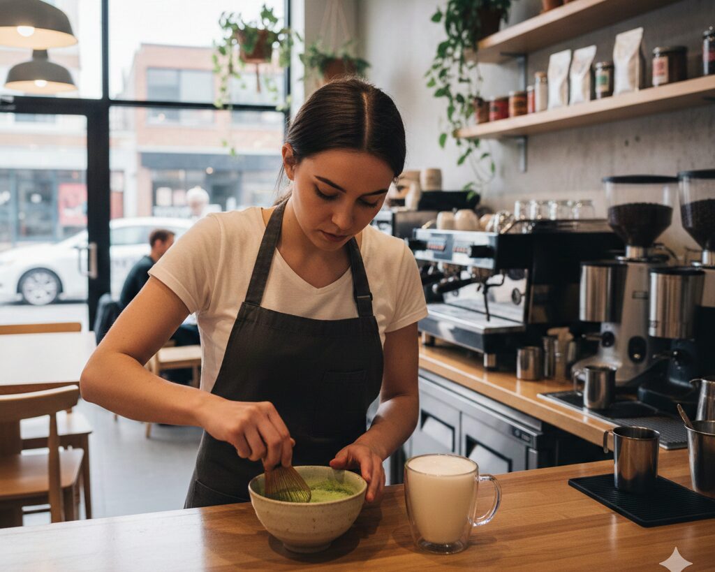 Une barista dans un coffee shop moderne, en train de préparer un Matcha Latte