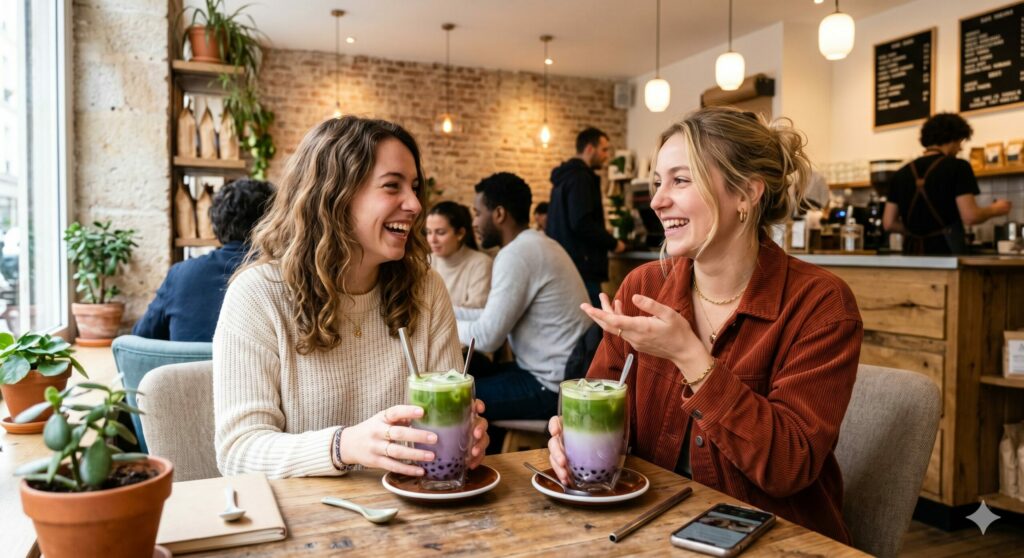 Deux copines dans un coffee shop tendance avec leurs Latte au Matcha et à l'Ube devant elle
