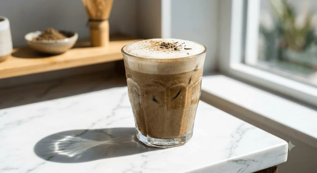 hojicha latte chaud dans une tasse, couleur ambrée