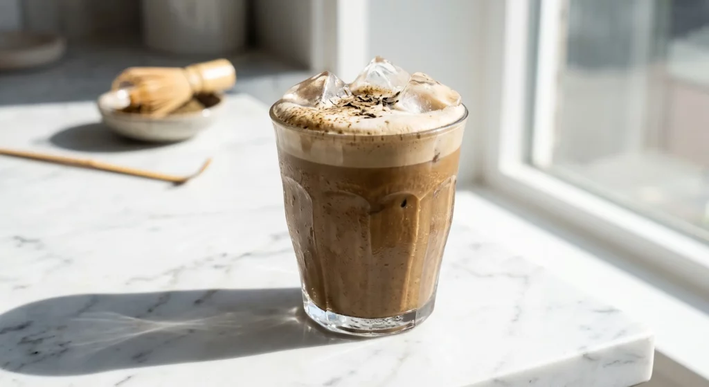hojicha latte glacé dans un verre, dégradé ambré