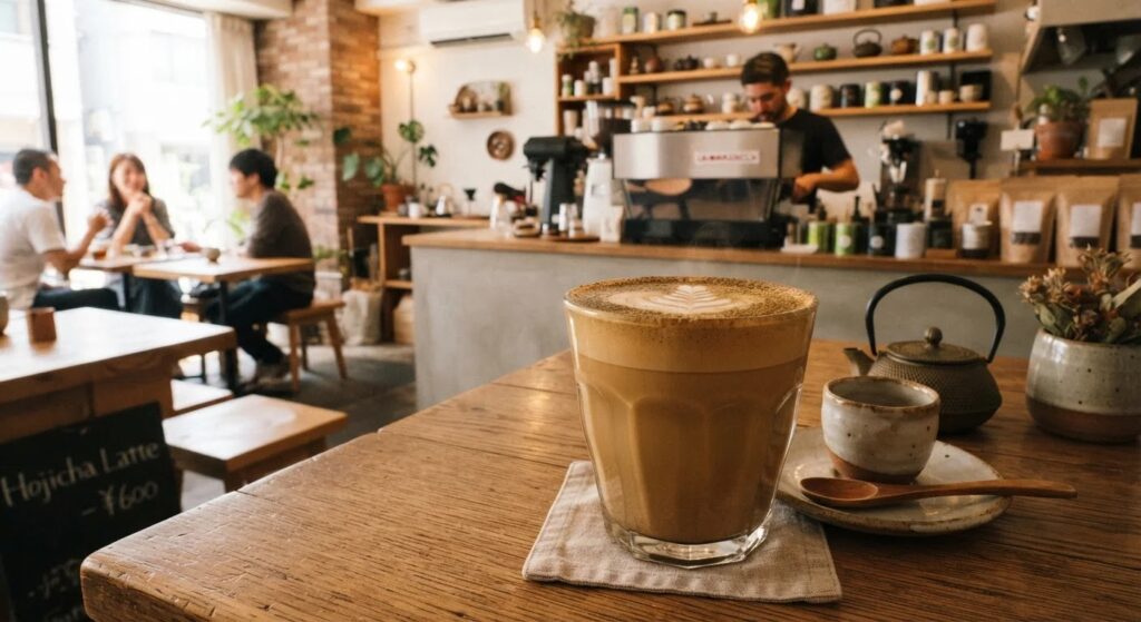 un verre hijicha latte sur une table dans un coffee shop tendance