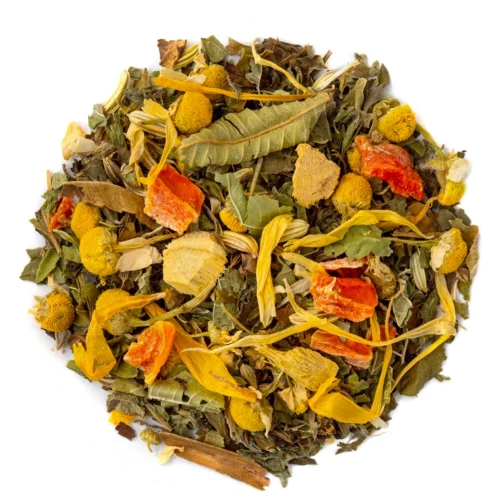 tisane-digestive-bio-vue-dessus Mélange de plantes de la tisane digestive vu de dessus, avec camomille, carotte et pétales de souci