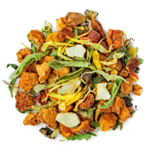Mélange de plantes et d'agrumes de la tisane du soir bio vu de dessus