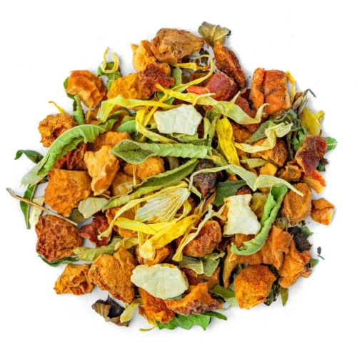 Mélange de plantes et d'agrumes de la tisane du soir bio vu de dessus